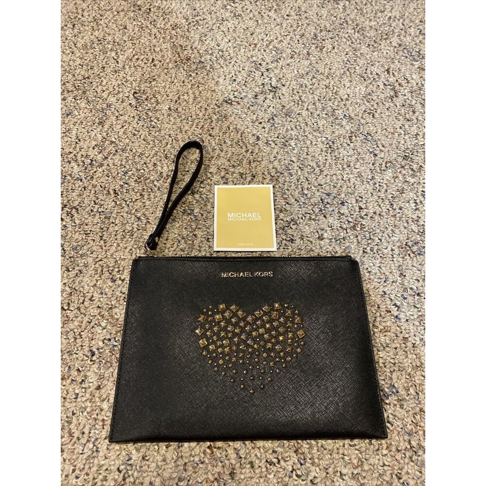 Michael Kors Clutch Wristlet Bag Studded Heart Black Saffiano Leather